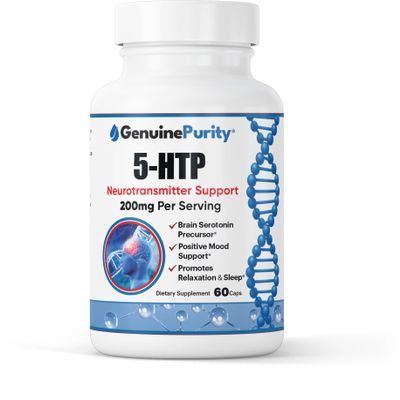 GenuinePurity 5HTP Supplement 200mg per Capsule with Calcium for Absorption 5-HTP Supports Restful Sleep, Calm Mood & Emotional Balance Plant-Based Daily Wellness 60 Capsules