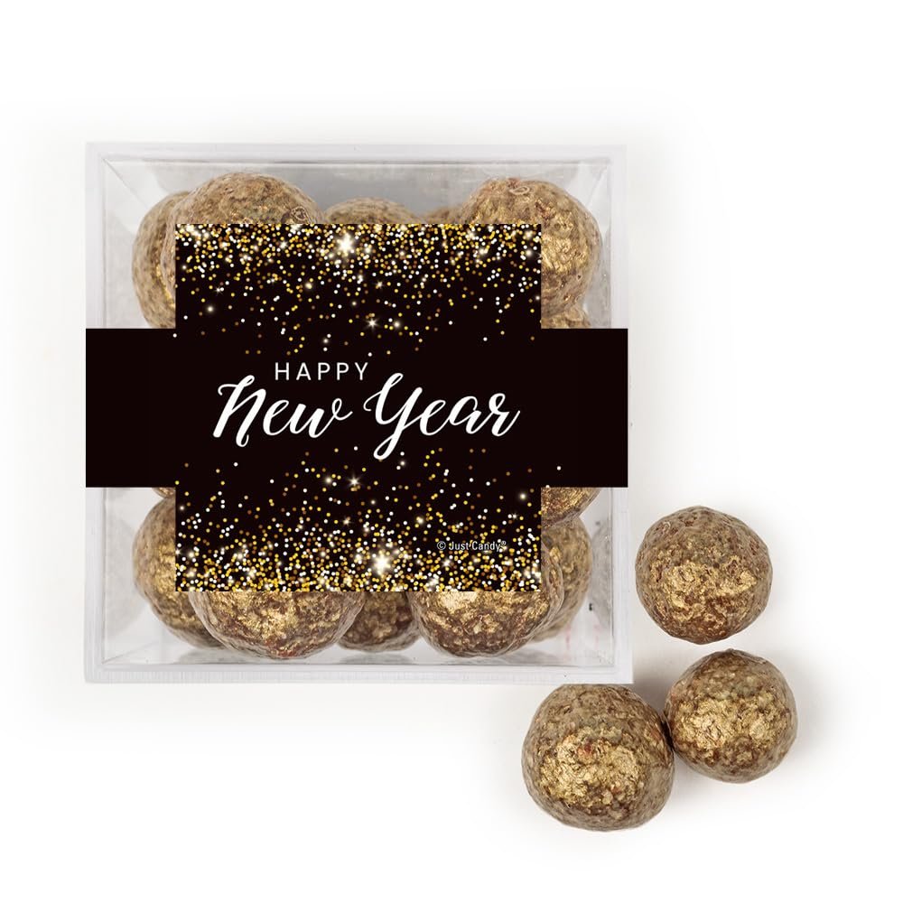 12 Pack Personalized Black And Gold New Years Party Favor Cubes Filled With Prosecco Cordials For Elegant Gifts, Table Decor, Dessert Buffets, Custom Giveaways & More