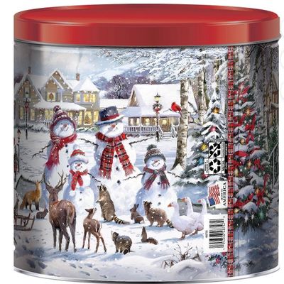 Christmas Popcorn Tin Gift, Snowman Family Winter Scene, 21 oz Gourmet Popcorn Assortment, Decorative Holiday Metal Can with Red Lid