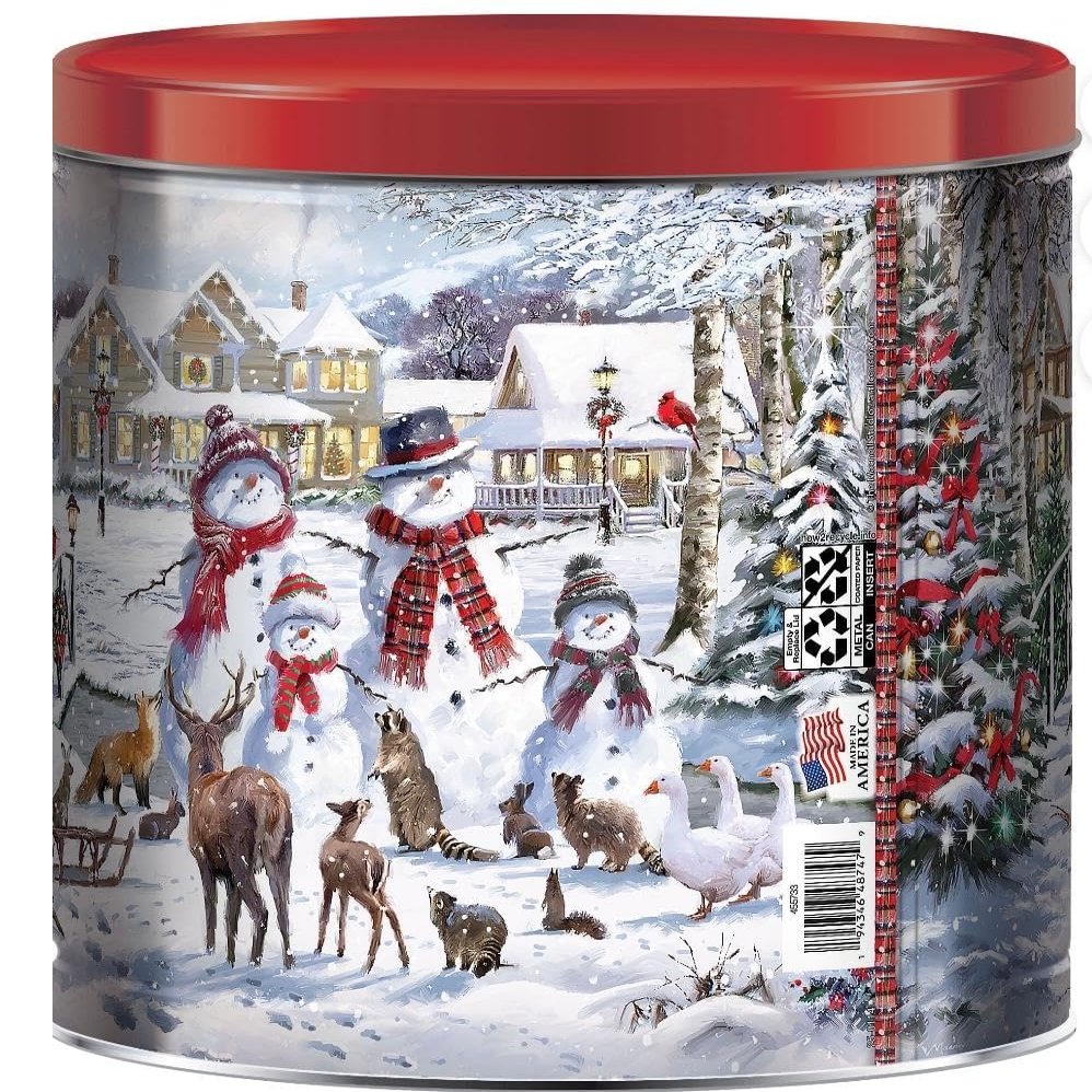 Christmas Popcorn Tin Gift, Snowman Family Winter Scene, 21 oz Gourmet Popcorn Assortment, Decorative Holiday Metal Can with Red Lid