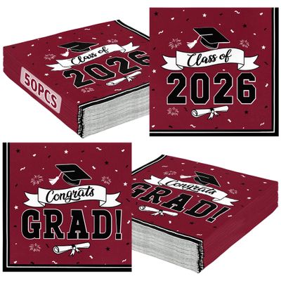 50 Pack Grad Napkins Graduation Decorations 2026, 6.5 X 6.5 Inches Disposable Grad Party Favors, Maroon Graduation Napkins with Cap Ribbon, Absorbent Paper Tissues for Congrats Grad Party Supplies