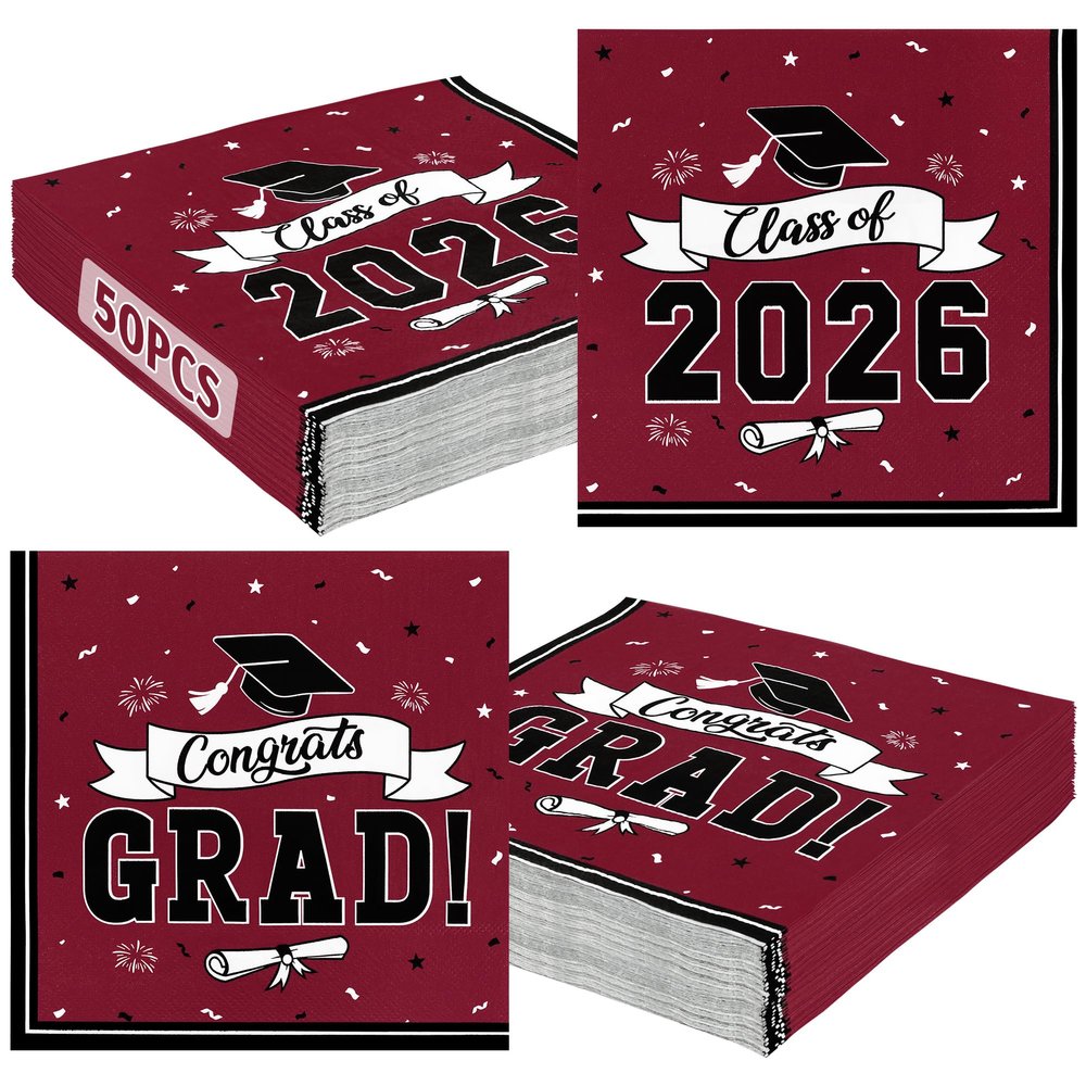 50 Pack Grad Napkins Graduation Decorations 2026, 6.5 X 6.5 Inches Disposable Grad Party Favors, Maroon Graduation Napkins with Cap Ribbon, Absorbent Paper Tissues for Congrats Grad Party Supplies