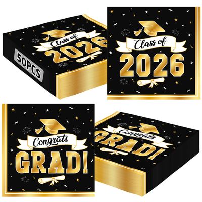 50 Pack Blackgold Graduation Napkins, 6.5" X 6.5" Graduation Decorations 2026, Disposable Cap Ribbon Patterns Grad Napkins, Grad Paper Tissues for Class of 2026 Decorations Celebration Supplies