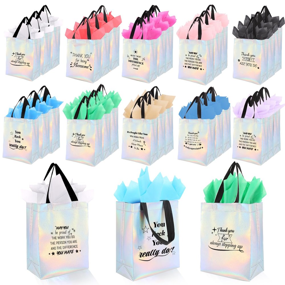 80 Pcs Reusable Gift Bags with Handles - Include 40 Iridescent Gift Bags & 40 Tissue Paper - Employee Appreciation Gifts Bulk for Staff, Team, Coworker, Teachers, Nurse, Thank You Gifts (Silver)