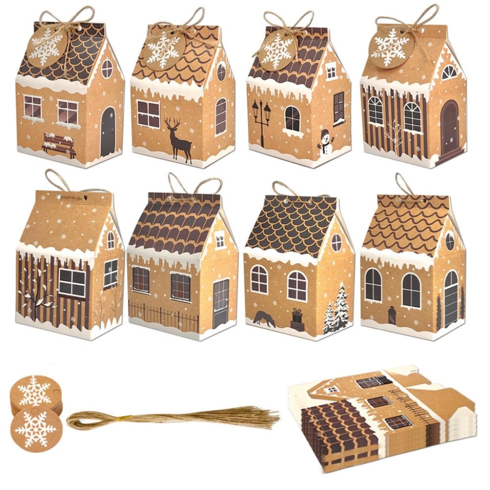 RSORGN 24 Pcs Christmas Gifts Boxes, Mini House Shape Candy Biscuit Bags Party Favors for New Year Christmas Gift Wrapping (Set-48pcs)