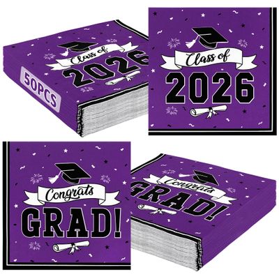 50 Pack Graduation Napkins Bulk, 6.5" X 6.5" Disposable Grad Napkins Graduation Decorations 2026, Purple Cap Ribbons Paper Tissues, Grad Decorations Cocktail Napkin Celebration Party Tableware
