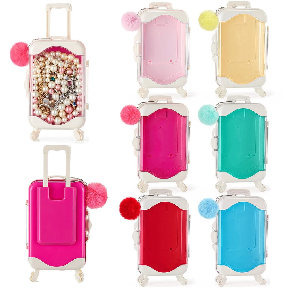 LemonRoad 6 Sets Mini Empty Suitcase Gift Box and Plush Ball Keychain Clear Candy Luggage Storage Containers Suitcase Packaging Case for Wedding Birthday Bridal Party (Multicolor)
