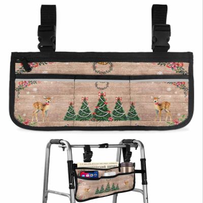 Brown Christmas Wheelchair Bag with Cup Holder Bag with Reflective Stripes for Seniors Wheel Chair Accessories for Adults Xmas Tree Deer Poinsettia Bird Winter Snow Wheelchair Side Bags for Rollator