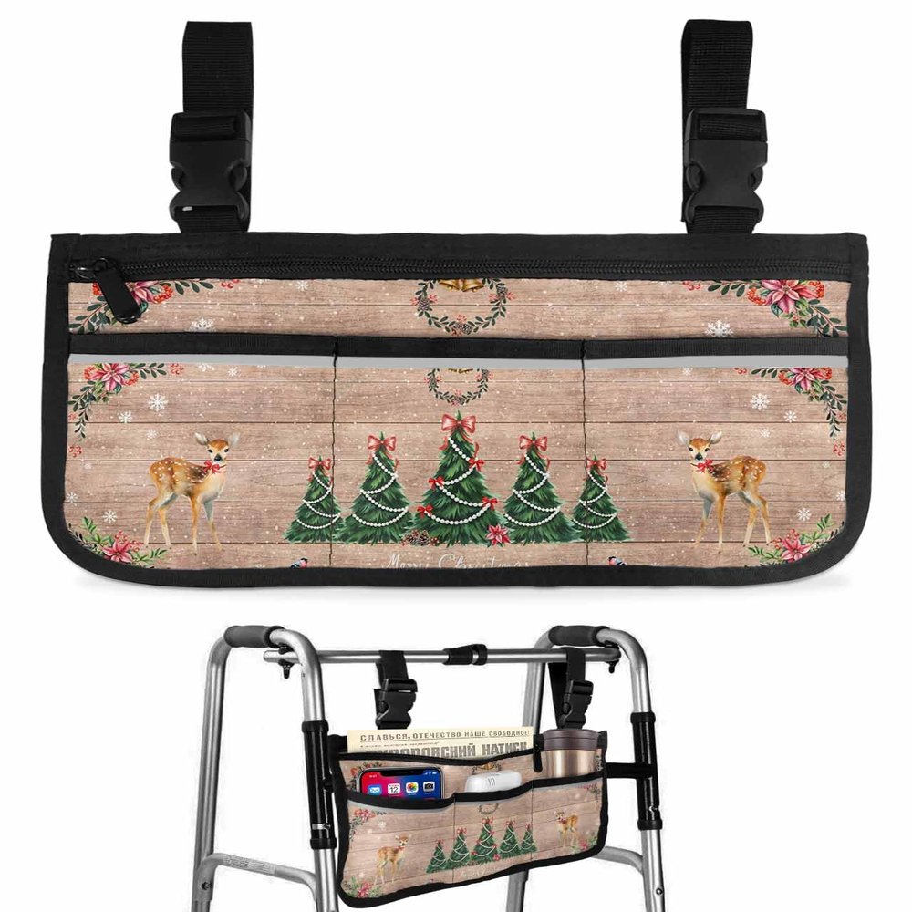 Brown Christmas Wheelchair Bag with Cup Holder Bag with Reflective Stripes for Seniors Wheel Chair Accessories for Adults Xmas Tree Deer Poinsettia Bird Winter Snow Wheelchair Side Bags for Rollator