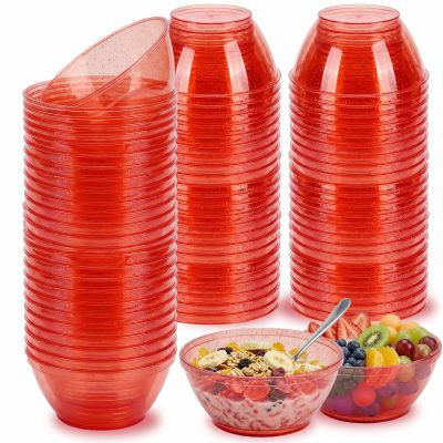 100 Pack 6oz Glitter Red Disposable Plastic Bowls, Glitter Small Bowls for Ice Cream, Candy, Salsa, Fruit. Great for Mother's Day, Parties, Birthday, Weddings, Baby Showers, Holiday Events ( Red)