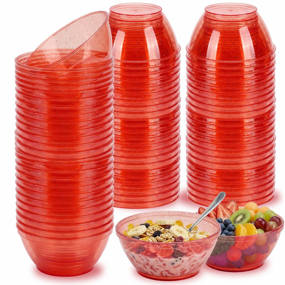 100 Pack 6oz Glitter Red Disposable Plastic Bowls, Glitter Small Bowls for Ice Cream, Candy, Salsa, Fruit. Great for Mother's Day, Parties, Birthday, Weddings, Baby Showers, Holiday Events ( Red)