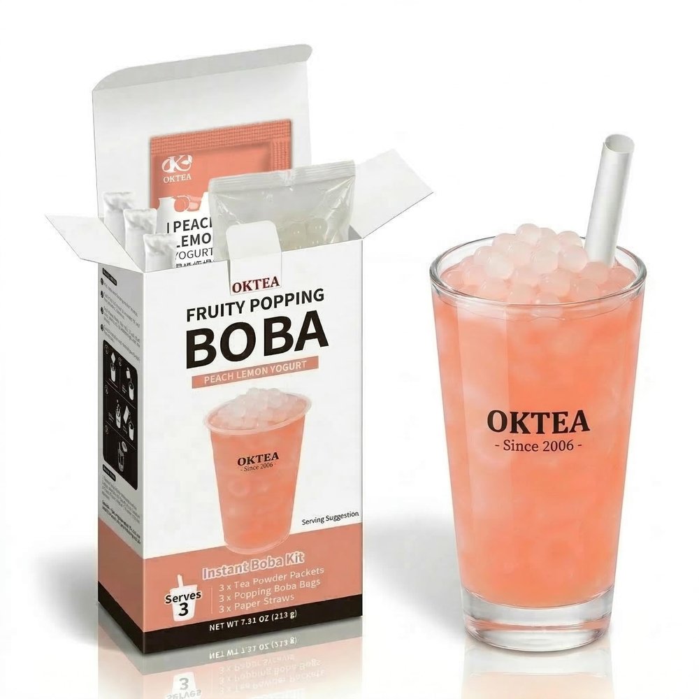 OKTEA Fruity Popping Boba Yoghurt & Peach Lemon Tea Kit - Silky Smooth Yoghurt-Flavored Balls, Cool Tangy Peach & Lemon Fruit Juice Blend, DIY Bubble Pearl Drink Set with Straws - 3 Servings
