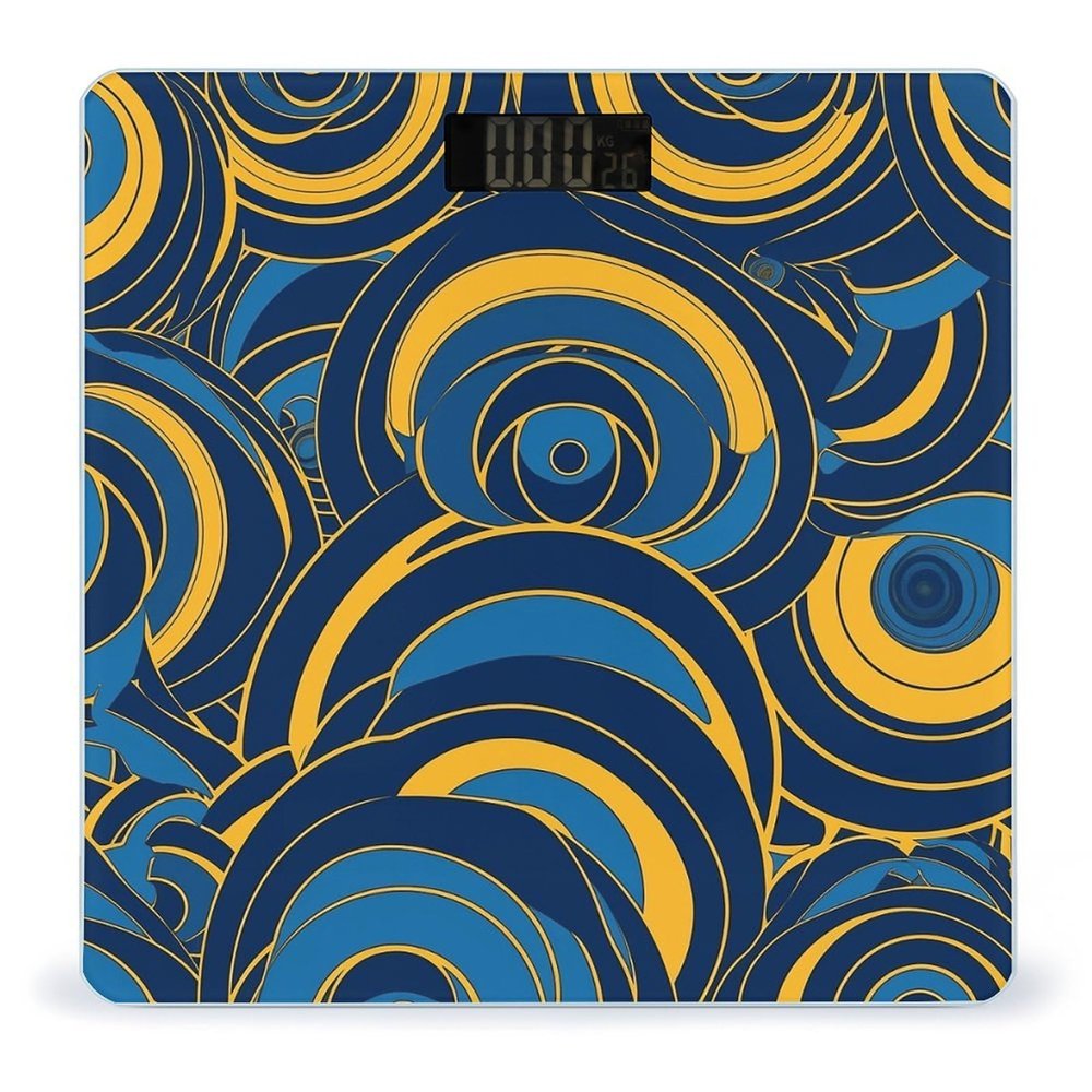 Blue and Yellow Pattern Scale for Body Weight Anti-Slip Tempered Glass Digital Bathroom Scales Clear LCD Display Weighing Scale Safe Rounded Corners Smart Scales