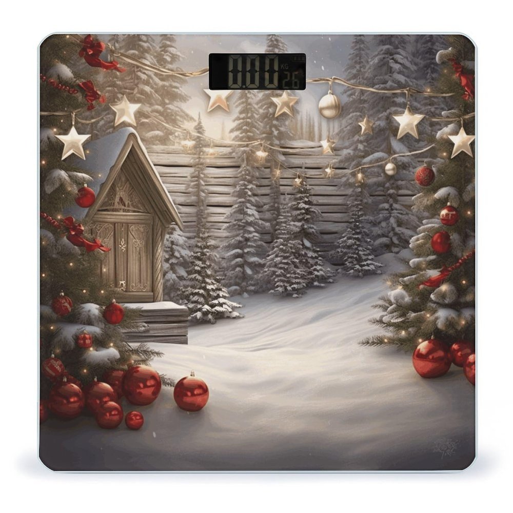 Christmas Wood Scale for Body Weight Anti-Slip Tempered Glass Digital Bathroom Scales Clear LCD Display Weighing Scale Safe Rounded Corners Smart Scales