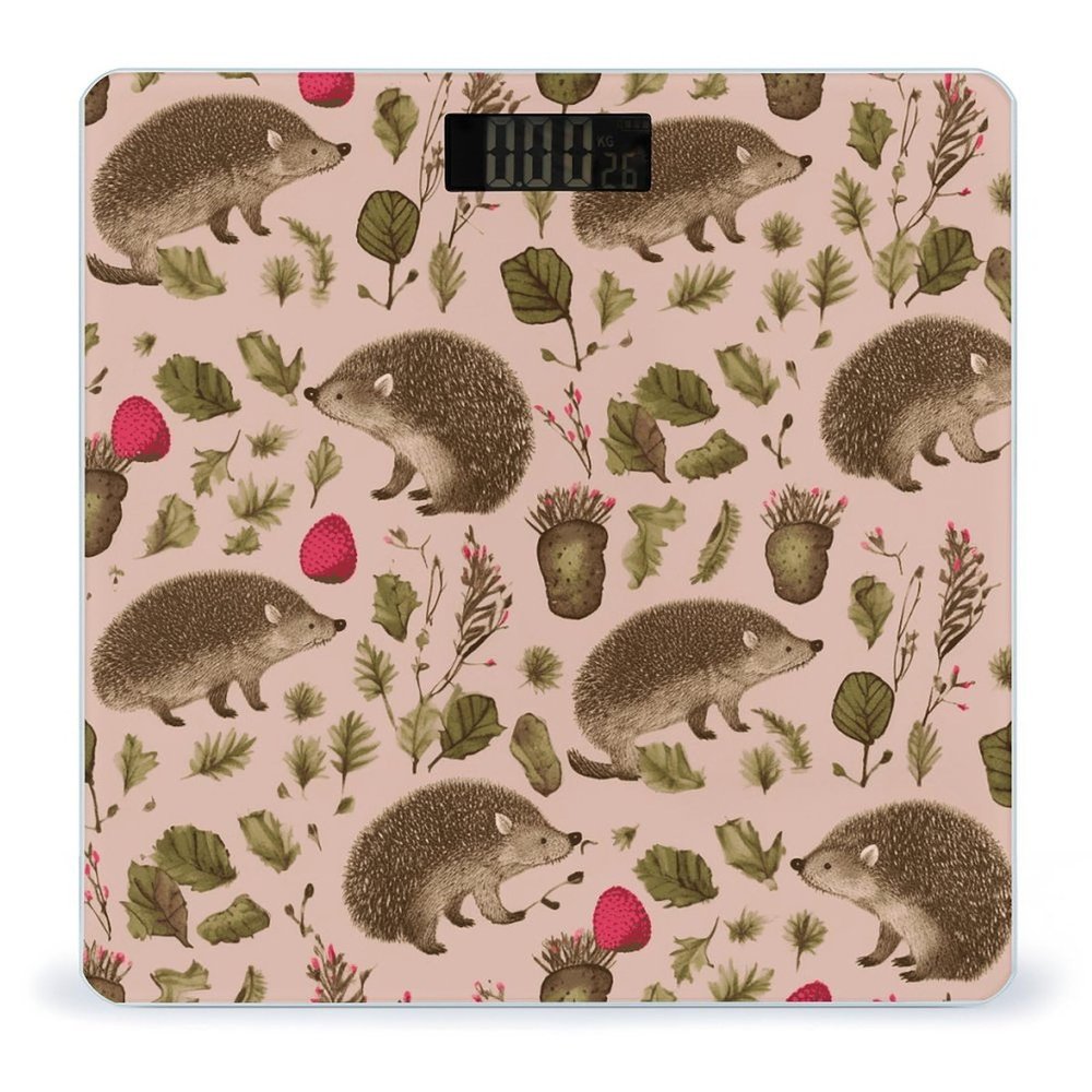 Hedgehog Print Scale for Body Weight Anti-Slip Tempered Glass Digital Bathroom Scales Clear LCD Display Weighing Scale Safe Rounded Corners Smart Scales