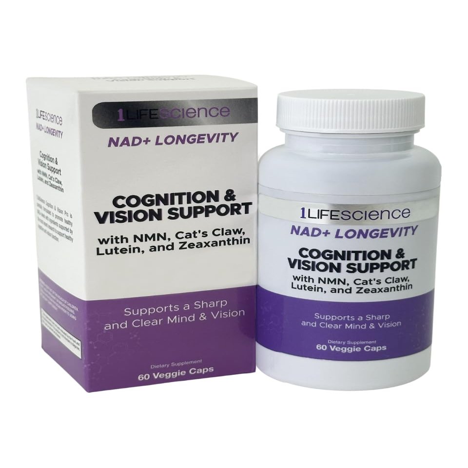 1LifeScience Cognition & Vision Support Supplement NMN, Lions Mane, Cats Claw, Apigenin, PQQ & Lutein NAD+ Support Formula cGMP Made in USA 60 Caps