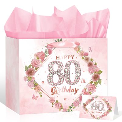 Happy 80th Birthday Gift Bag Decorations for Women Pink 80th Birthday Wrapping Paper Bag with Tissue Paper Card Floral 80 Year Old Party Favor Wrap Bags for Her Mom Wife 80 & Fabulous Bday Supplies