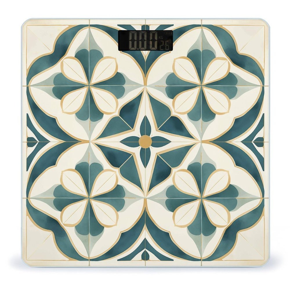 Geometric Design Pictures Scale for Body Weight Anti-Slip Tempered Glass Digital Bathroom Scales Clear LCD Display Weighing Scale Safe Rounded Corners Smart Scales