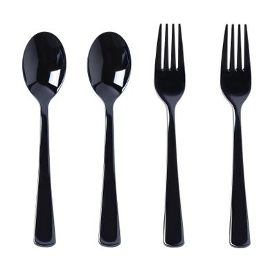 200 Count Black Plastic Silverware, Heavy Duty Disposable Cutlery Set, 100 Forks and 100 Spoons, Plastic Utensils Set for Party, Birthday, Wedding