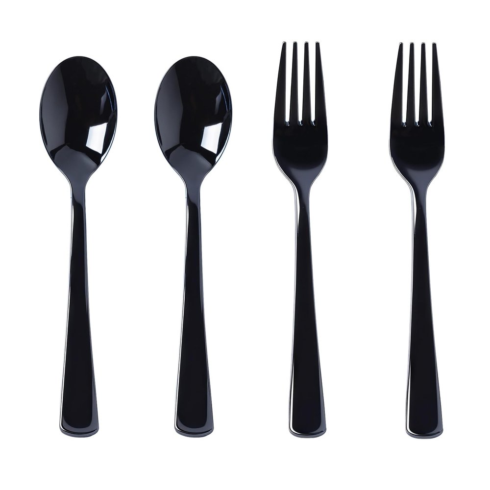 200 Count Black Plastic Silverware, Heavy Duty Disposable Cutlery Set, 100 Forks and 100 Spoons, Plastic Utensils Set for Party, Birthday, Wedding