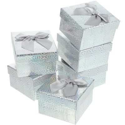 FUOYLOO 6pcs Small Foldable Boxes with Lid and Ribbon, Gray 9X8.5X5.5Cm, Bulk Present Boxes for Birthday, Wedding, and Party Wrapping