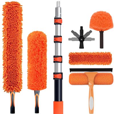 20FT High Reach Duster Cleaning Kit with 3-12 FTExtension Pole, High Ceiling Fan Cleaner Duster Tool for Fan Blades, Extendable Reusable Cobweb, Feather, Window Cleaning Squeegee Kit (12FT)