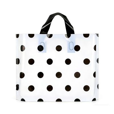 100 Pack Fashion Plastic Shopping Bags, Clear Gift Bag with Handles,Style,Ideal for Small Business, Retail, Boutique, Shopping & Party Favors,Black and White Polka Dots