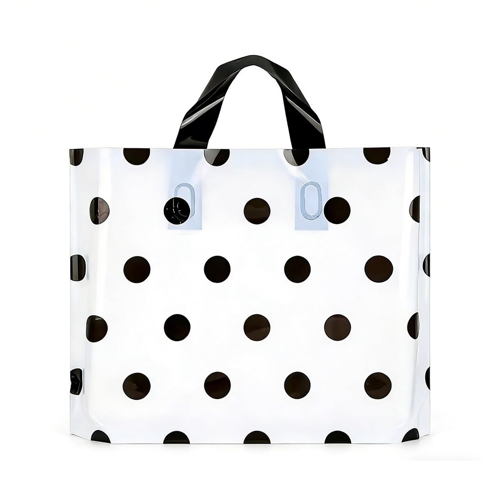 100 Pack Fashion Plastic Shopping Bags, Clear Gift Bag with Handles,Style,Ideal for Small Business, Retail, Boutique, Shopping & Party Favors,Black and White Polka Dots