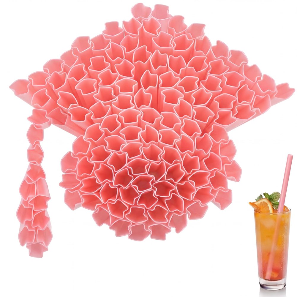 100 Pcs Graduation Cap Shaped Straws Disposable Plastic Drinking Straw Grad Caps Straw for Graduation Beverage Cocktail 2026 Congrats Grad Party Supplies (Pink)