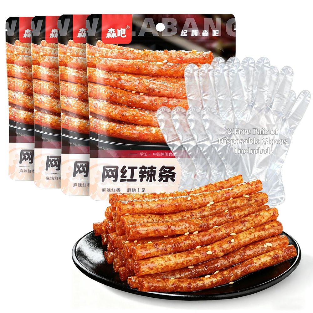 Latiao Spicy Strips Gluten latio Chinese Spicy Snack la tiao Low-Calorie, Vegan (9.2 oz / 260g) 4 Packs