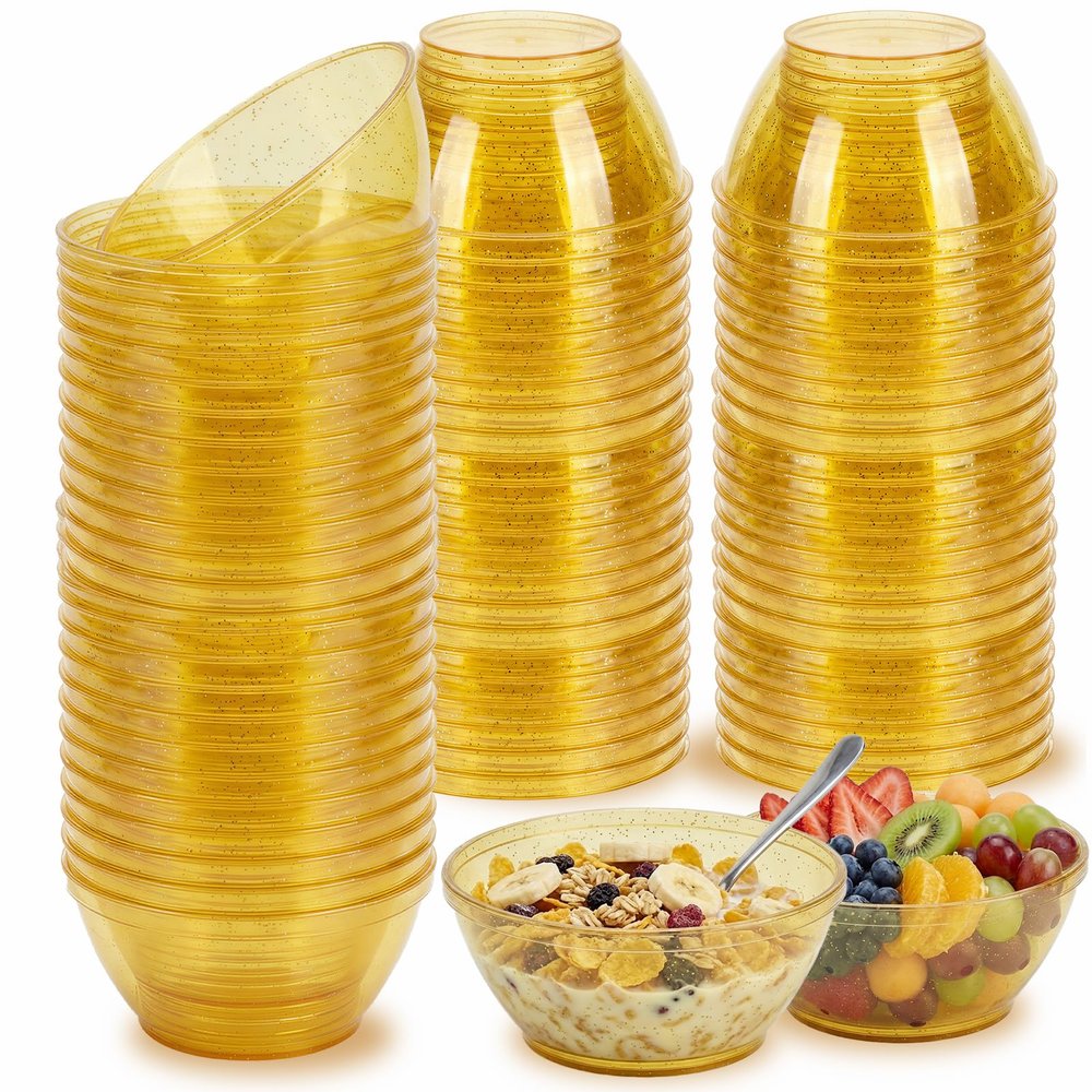 100 Pack 6oz Glitter Gold Disposable Plastic Bowls, Glitter Small Bowls for Ice Cream, Candy, Salsa, Fruit. Great for Mother's Day, Parties, Birthday, Weddings, Baby Showers, Holiday Events (Gold)
