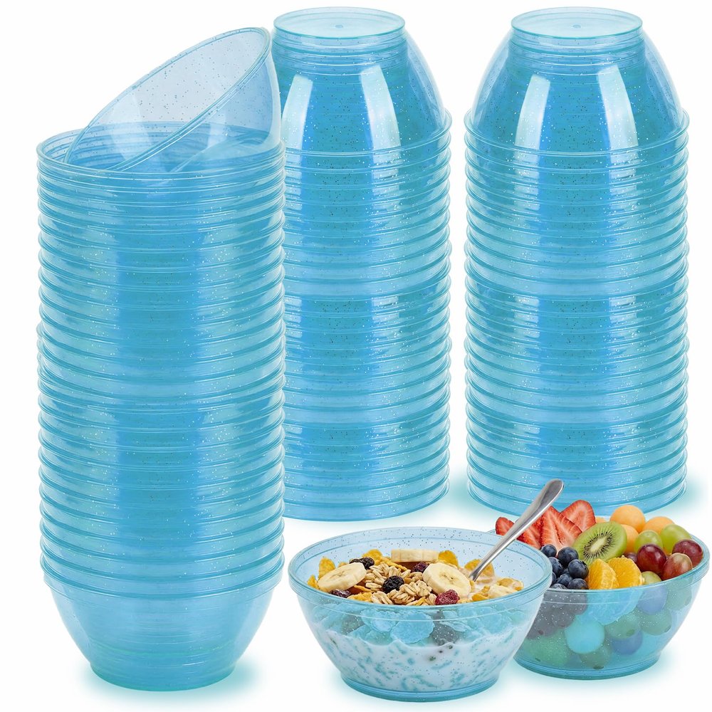 100 Pack 6oz Glitter Blue Disposable Plastic Bowls, Glitter Small Bowls for Ice Cream, Candy, Salsa, Fruit. Great for Mother's Day, Parties, Birthday, Weddings, Baby Showers, Holiday Events ( Blue)