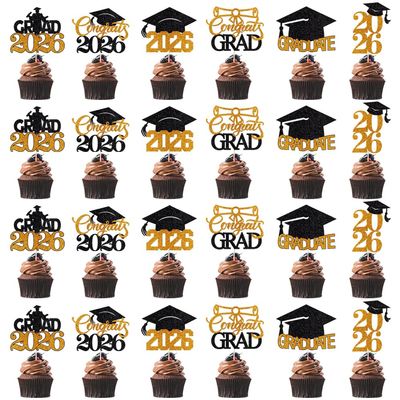 Migeaks 24Pcs Graduation Cupcake Topper, Class of 2026 Cupcake Topper Supplies for 2026 Congrats Grad Cap Diploma Cake Decor Graduate Celebration Party Cake Decorations Supplies (Black Orange -24)