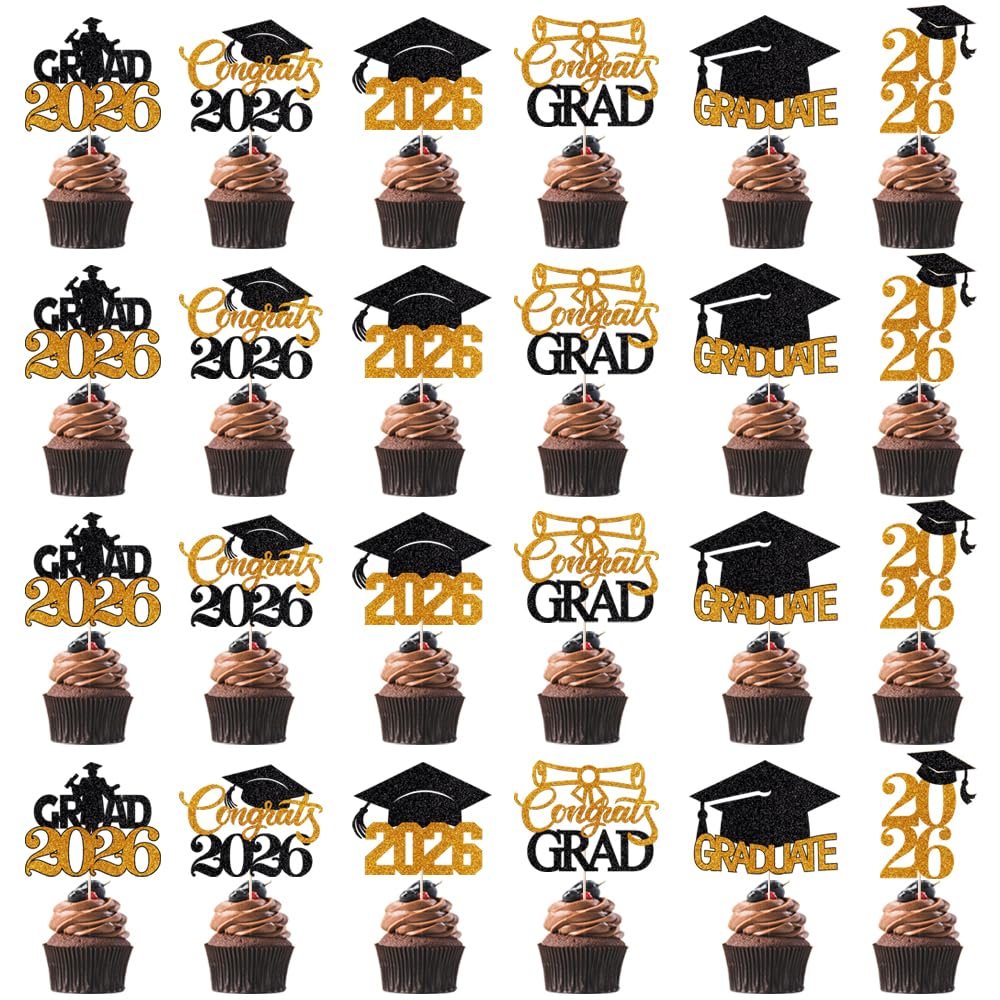 Migeaks 24Pcs Graduation Cupcake Topper, Class of 2026 Cupcake Topper Supplies for 2026 Congrats Grad Cap Diploma Cake Decor Graduate Celebration Party Cake Decorations Supplies (Black Orange -24)