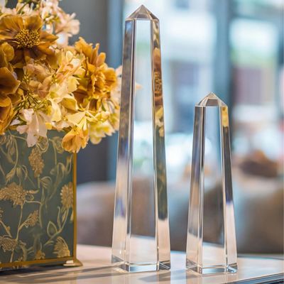 Novabright Crystal Obelisk Towers - 2 Pcs 9.25 Inch & 6.18 Inch Optical Crystal Decoration Set, Ideal for Farmhouse, Modern, and Home Decor for Mantel, Vanity, Side Table, Shelf, and Office Styling