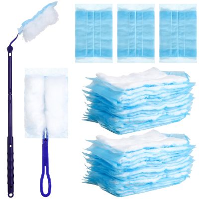 IWOWHERO Electrostatic Dusting Brush Collection with 40 Flat Fiber Dusters, Blue Short Handle and Telescopic Long Handle, Static Cling Duster for Car Interior, Furniture, and Household