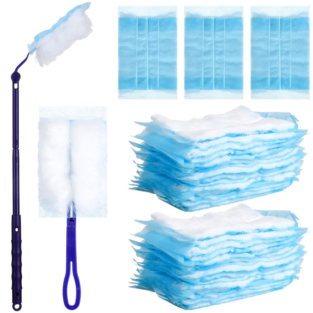 IWOWHERO Electrostatic Dusting Brush Collection with 40 Flat Fiber Dusters, Blue Short Handle and Telescopic Long Handle, Static Cling Duster for Car Interior, Furniture, and Household