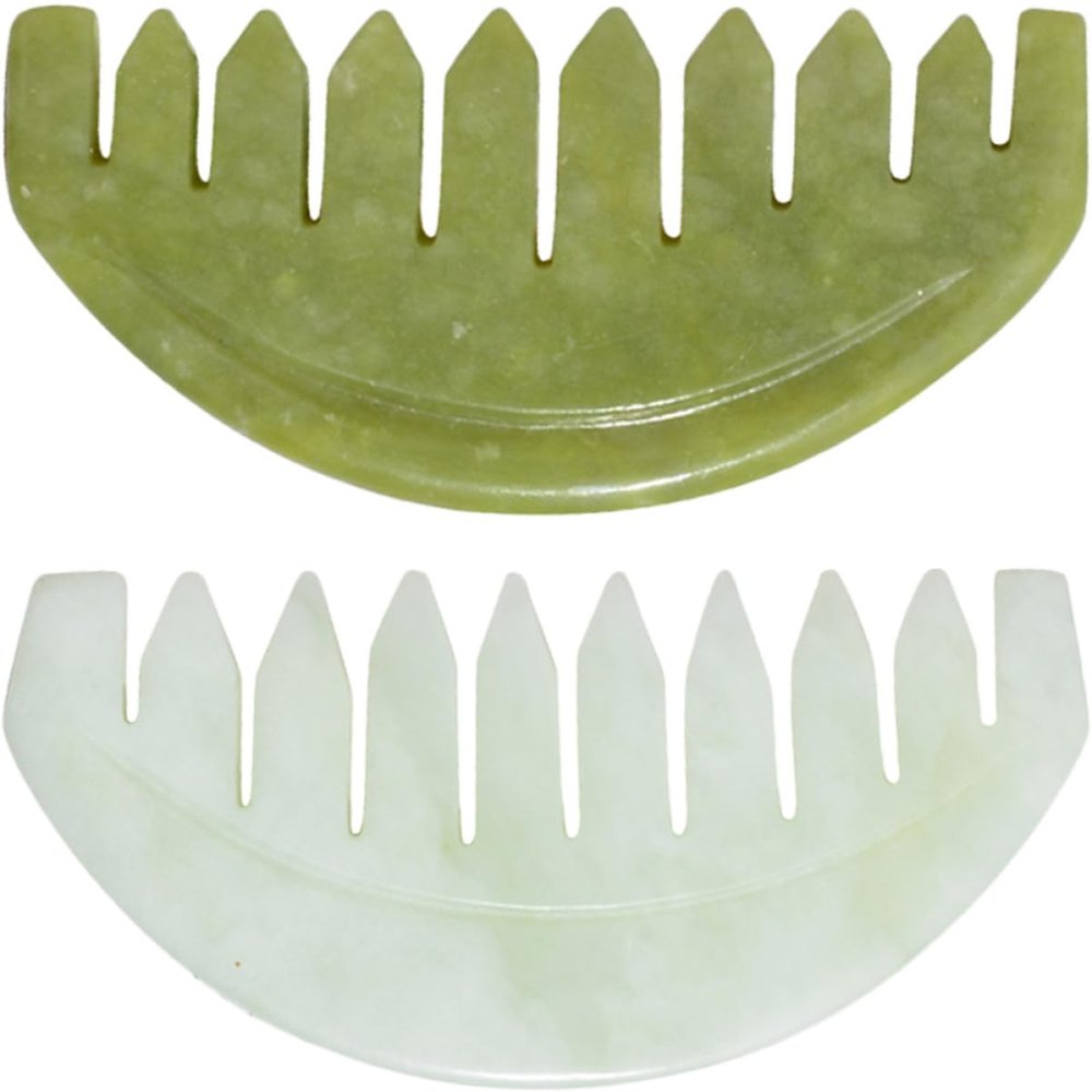 Holibanna Jade Gua Sha Comb Scalp Scraper 2Pcs Set Smooth Polished Green Jade Manual Scalp Body Acupoint Relaxation Therapy