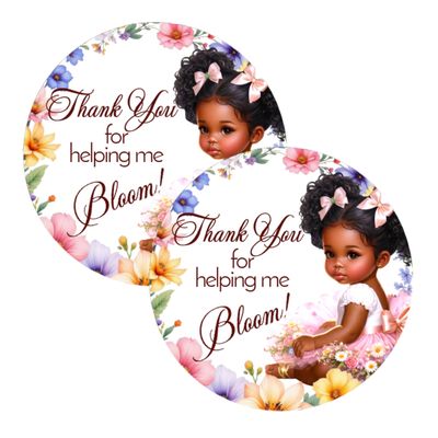 Wildflower Baby Shower Labels Tags Girls 1st Birthday Decorations, 2 Inch Round Stickers, Set of 40 Spring Floral Party Favor Decor (African American)