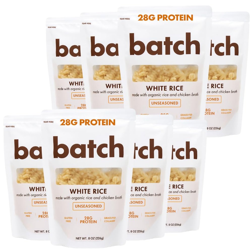 Batch Organic Protein Rice with Collagen 28g Protein per Bag, Ready in 90 Seconds, Microwavable Long-Grain White Rice, Grass-Fed Bovine Collagen, Gluten-Free, Made in USA Unseasoned (8 Pack)