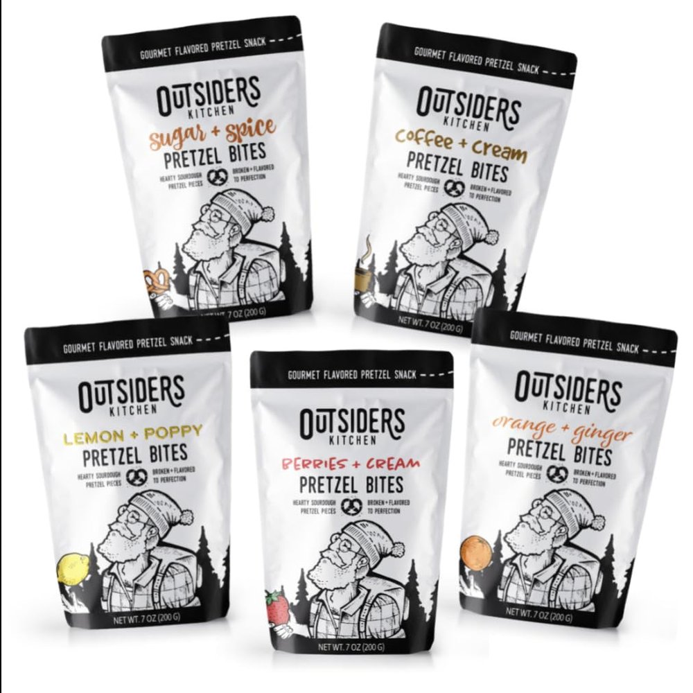 Core Flavors Pretzel Bites 5 Count Case: 1 Sugar + Spice, 1 Coffee + Cream, 1 Lemon + Poppy, 1 Berries + Cream, 1 Orange + Ginger