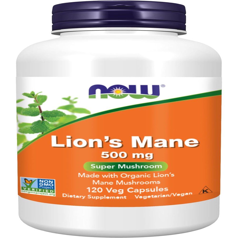 NOW Foods Supplements Lion's Mane 500 mg Super Mushroom Made with Organic Lion's Mane Mushrooms 120 Veg Capsules
