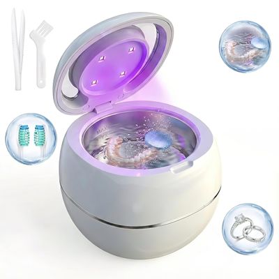 Etermeish Ultrasonic Retainer Cleaner Machine, White, 42KHZ Dental Cleaning Pod For Denture, Toothbrush Heads,Jewelry, Braces, Digital Timer with 2 Modes, 180ML,304 stainless steel inner liner