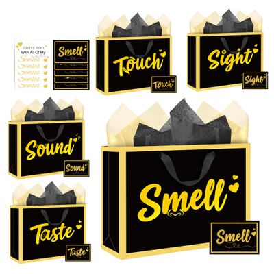 Five Senses Gift Bags for Mother - 5 PCS Black and Gold Gift Bags Mothers Day with Handle Greeting Card Tissue Paper Sight Smell Touch Taste Sound Foil Stamping Gift Bag for Him Her for Birthday Anniversary Wedding 12 Inch