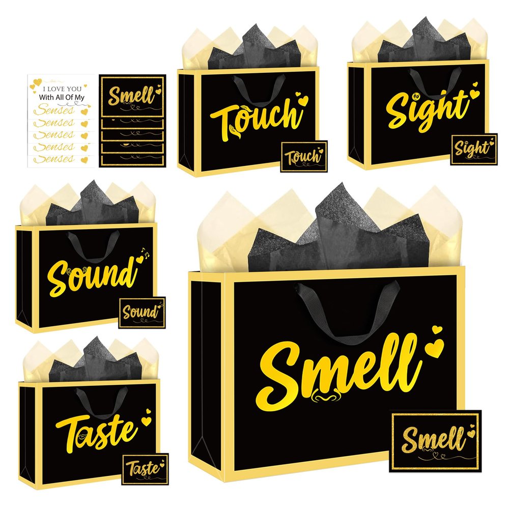 Five Senses Gift Bags for Mother - 5 PCS Black and Gold Gift Bags Mothers Day with Handle Greeting Card Tissue Paper Sight Smell Touch Taste Sound Foil Stamping Gift Bag for Him Her for Birthday Anniversary Wedding 12 Inch