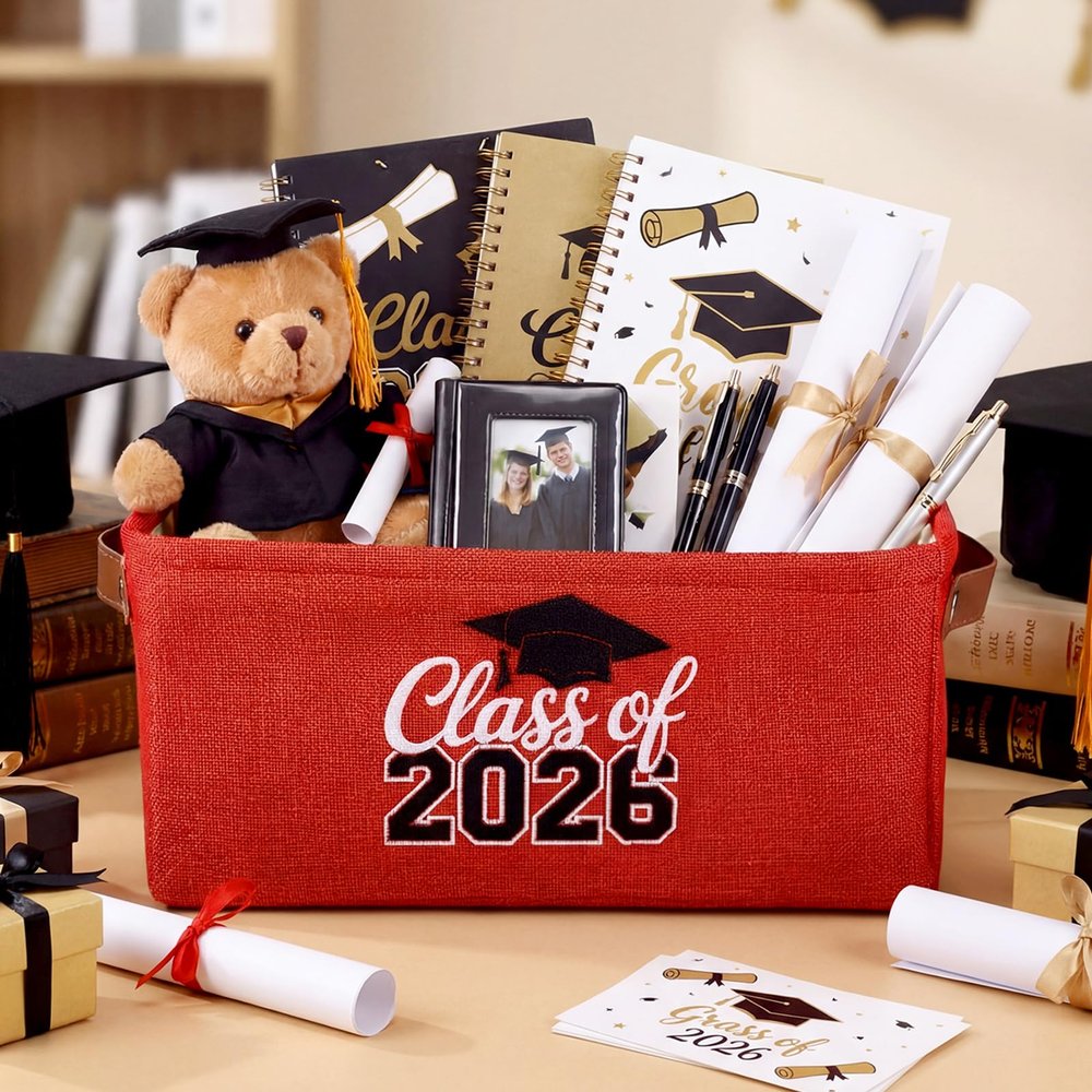Gandeer Graduation Gifts Basket Class of 2026 Storage Box with Handle Congrats Grad Gift Storage Basket for High School College Decor Party Favor Keepsake 14 x 10 x 6.3(Trendy,Black and Red)
