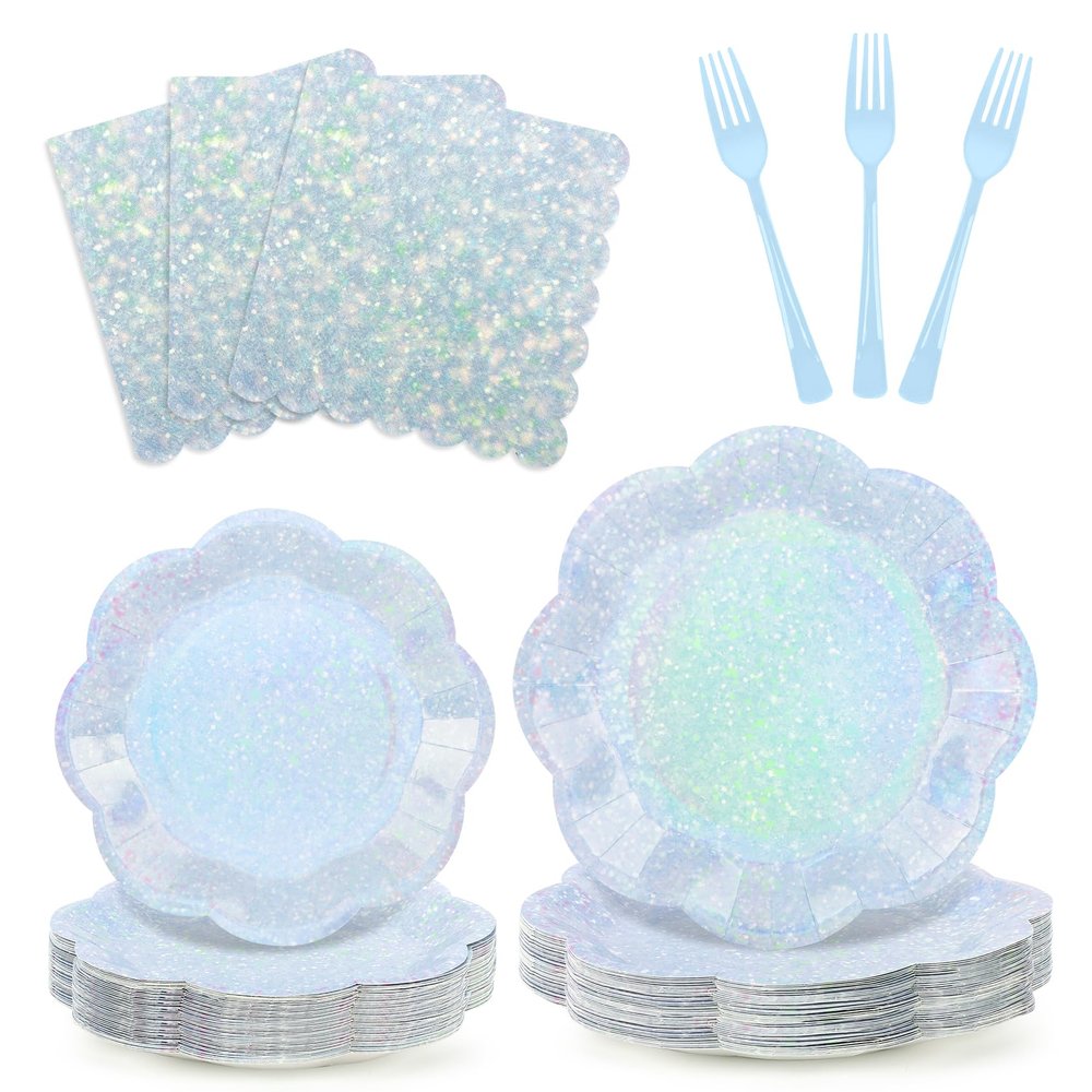 100pcs Blue Paper Plates and Napkins Party Supplies,Iridescent Disposable 9inch Plates,7inch Dessert Plates and Napkins and Forks,Holographic Tableware for Birthday Baby Shower,Serves 25