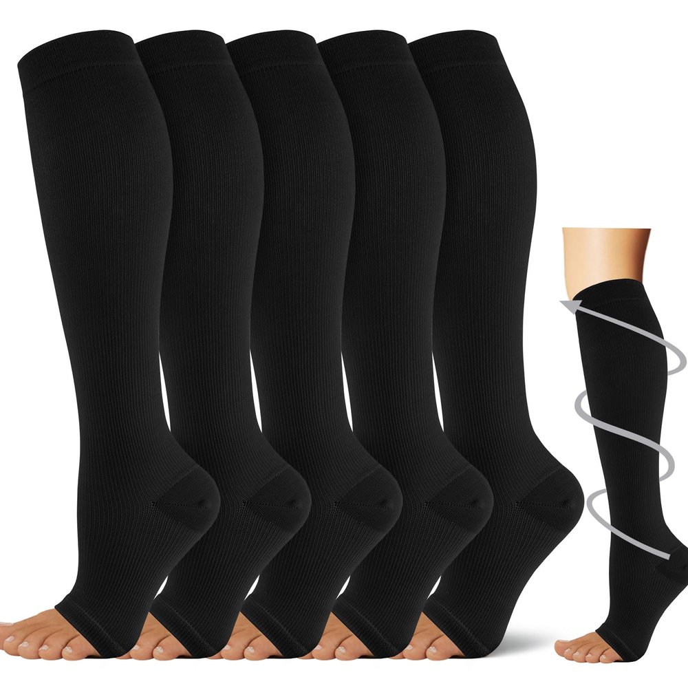 5 Pairs Open the toe Compression Socks for Men & Women 20-30 mmHg Graduated Compression Stockings for Sports Running Flight Travel Pregnancy