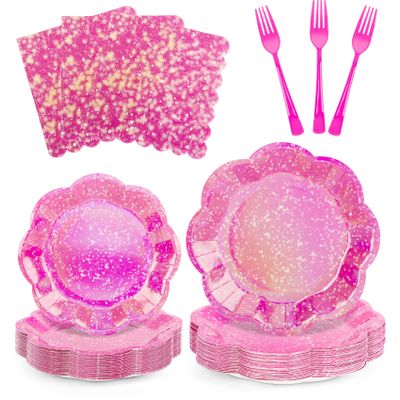 100Pcs Hot Pink Paper Plates and Napkins Party Supplies,Iridescent Disposable 9inch Plates,7inch Dessert Plates and Napkins and Forks,Holographic Tableware for Birthday Wedding Anniversaries,Serves 25