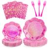 100Pcs Hot Pink Paper Plates and Napkins Party Supplies,Iridescent Disposable 9inch Plates,7inch Dessert Plates and Napkins and Forks,Holographic Tableware for Birthday Wedding Anniversaries,Serves 25 view 1